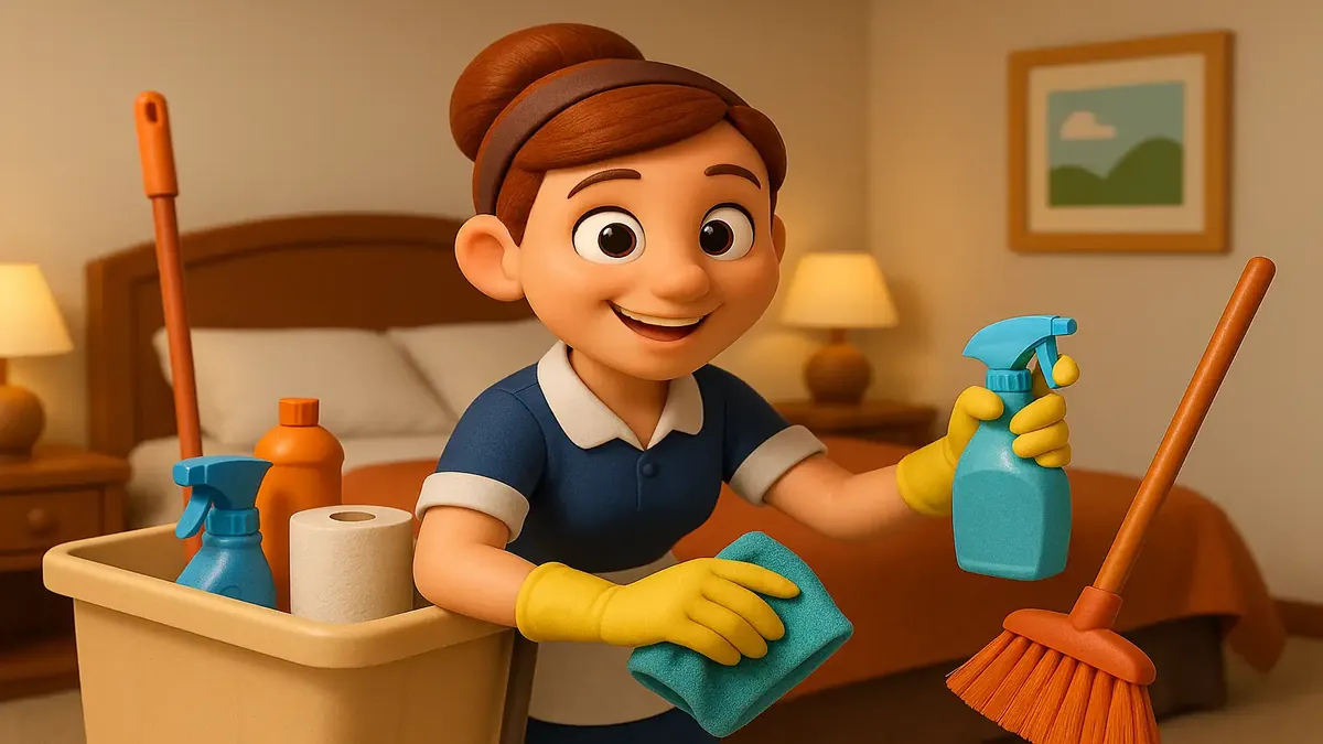 Cartoon-style illustration of a tired night auditor cleaning a hotel room, highlighting housekeeper's hard work.