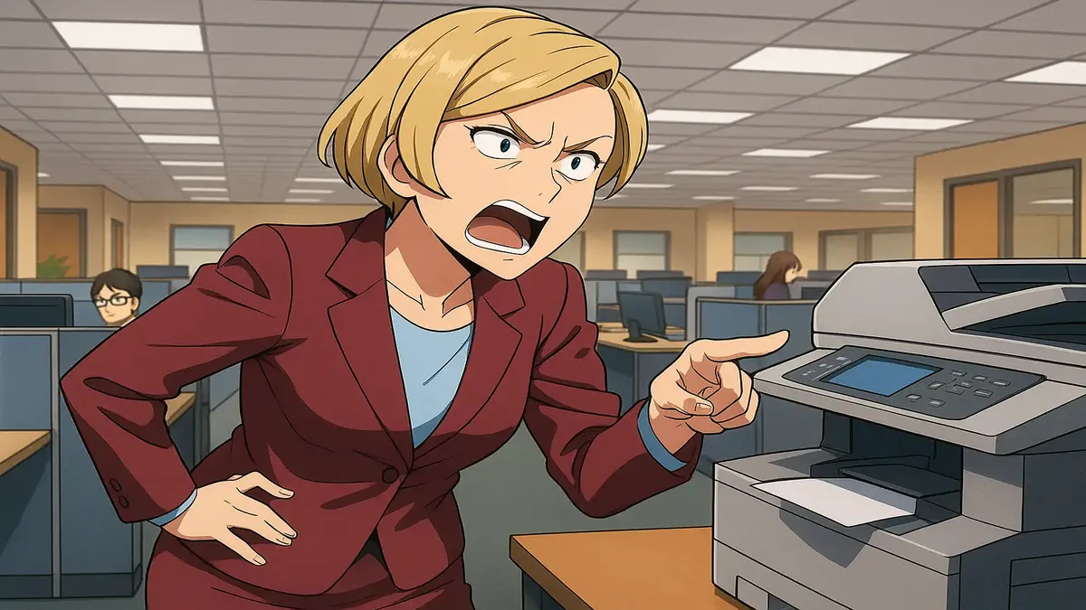 Anime illustration of a strict office worker named Karen enforcing printing rules in a cubicle setting.