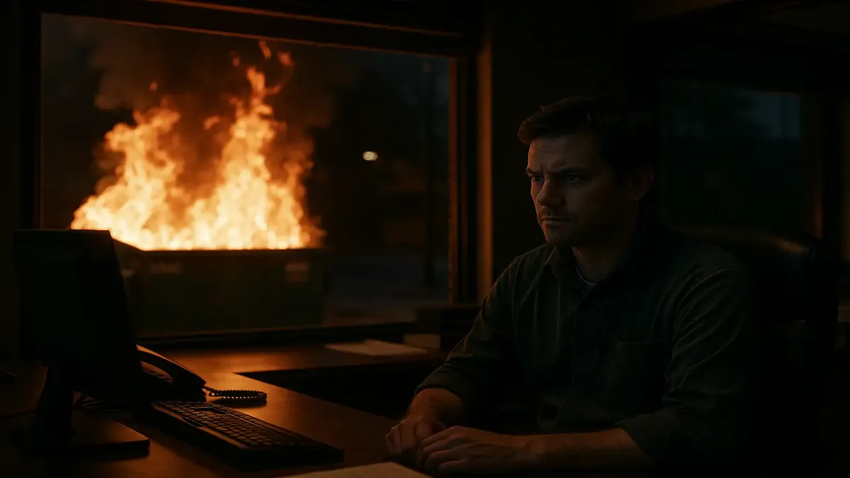 Cinematic image of a chaotic office scene reflecting mismanagement and frustration in the workplace.