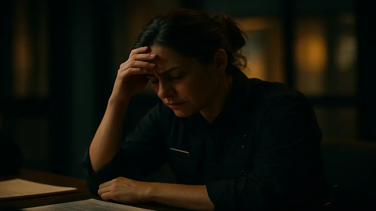Frustrated worker facing challenges with policies and procedures in a cinematic office setting.