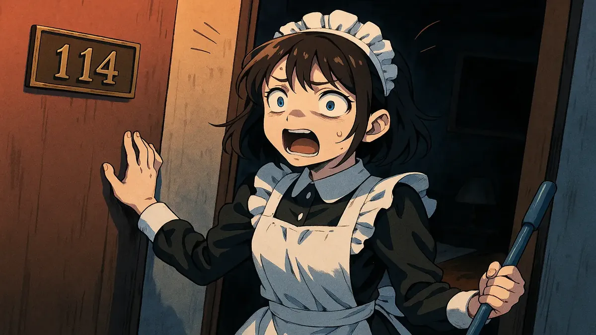 Anime illustration of a spooky hotel room with an eerie atmosphere, inspired by the story of room 114.