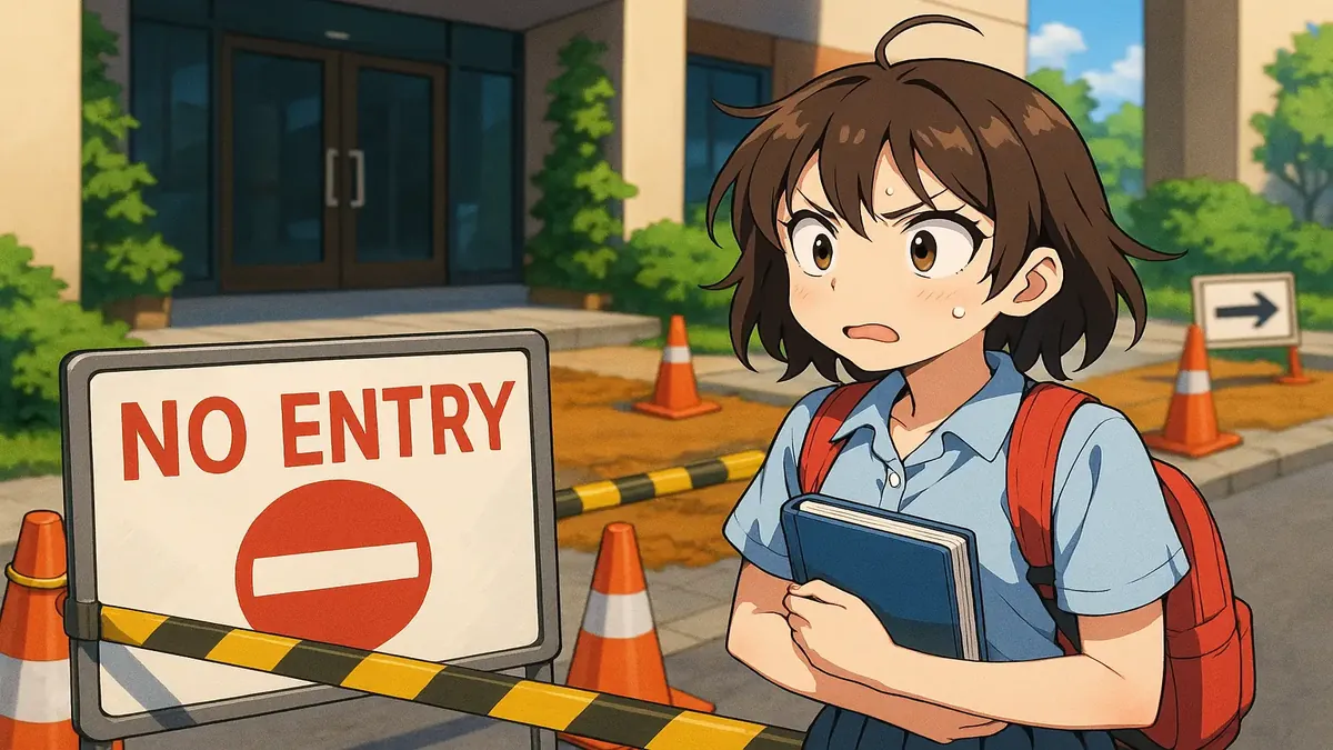 Anime-style illustration of a hotel entrance with signs indicating alternate access during renovation.