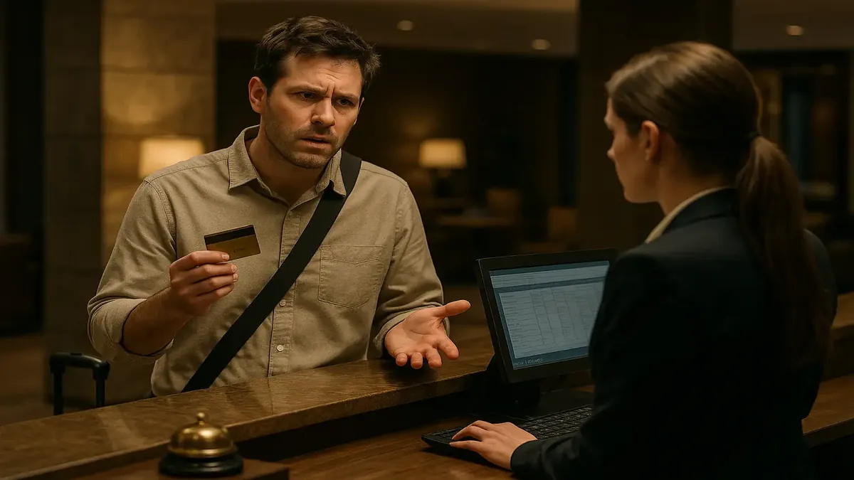 A hotel reception with a concerned staff member dealing with fraud prevention issues.