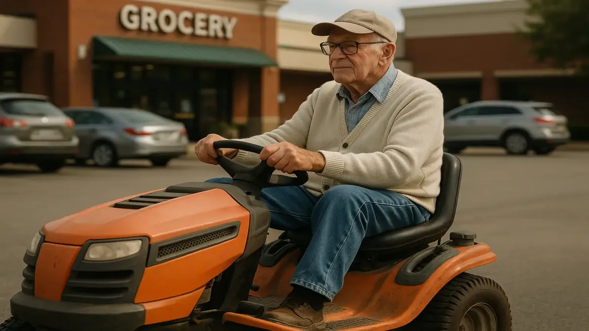 Grandpa proudly riding his mower, defying Grandma's doubts in a sunny neighborhood setting.