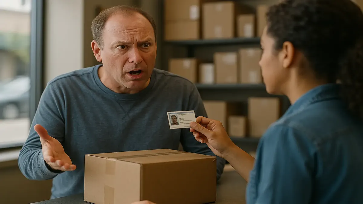 Customer presenting ID at a package drop-off location for secure delivery verification.