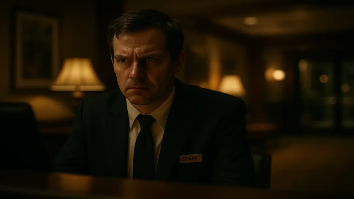 Cinematic view of a hotel lobby with staff discussing rules and guest expectations.