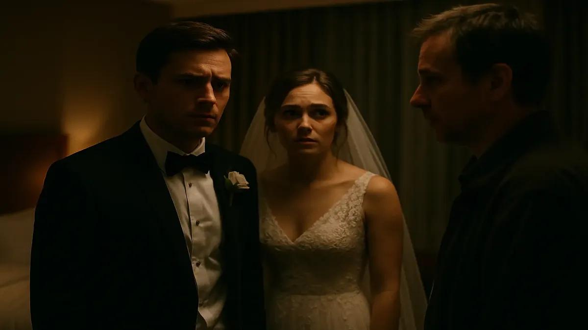 Cinematic image of a couple looking disappointed after their wedding night, symbolizing unexpected challenges.