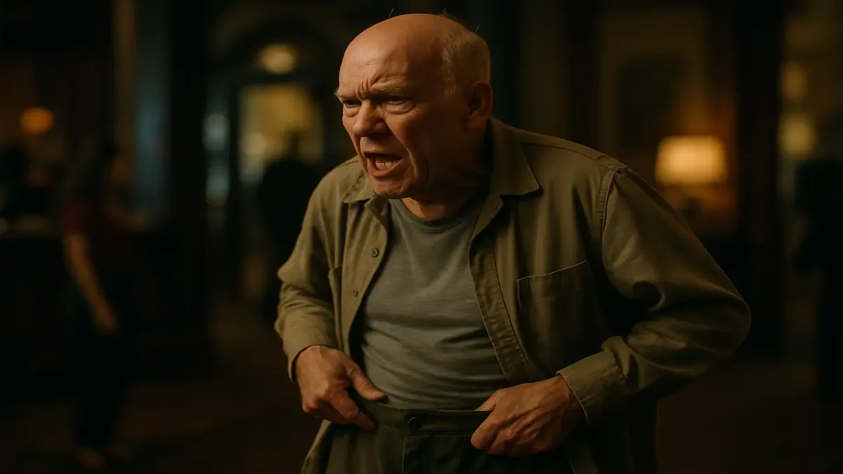 Elderly man in a hotel lobby, discussing bed bug bites on his groin with a concerned expression.