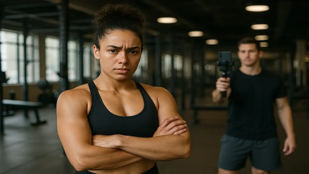 Gym scene showing a person doing calisthenics, emphasizing fitness and personal boundaries in exercise.