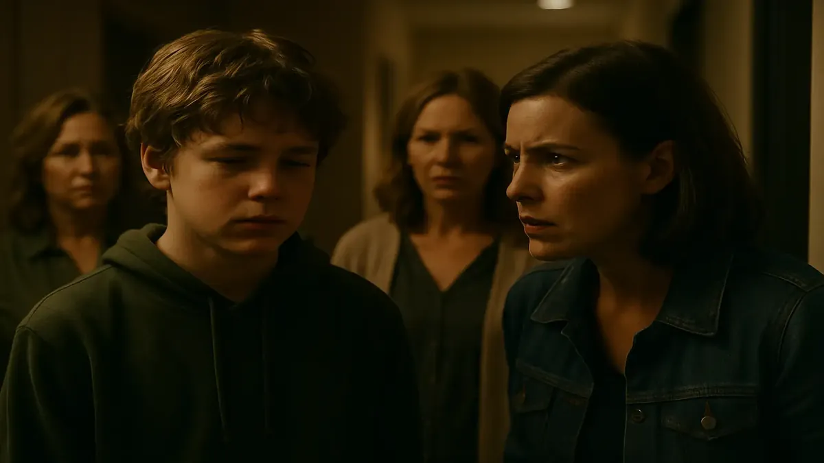Distressed autistic child in a cinematic scene, surrounded by concerned coaches in a group setting.