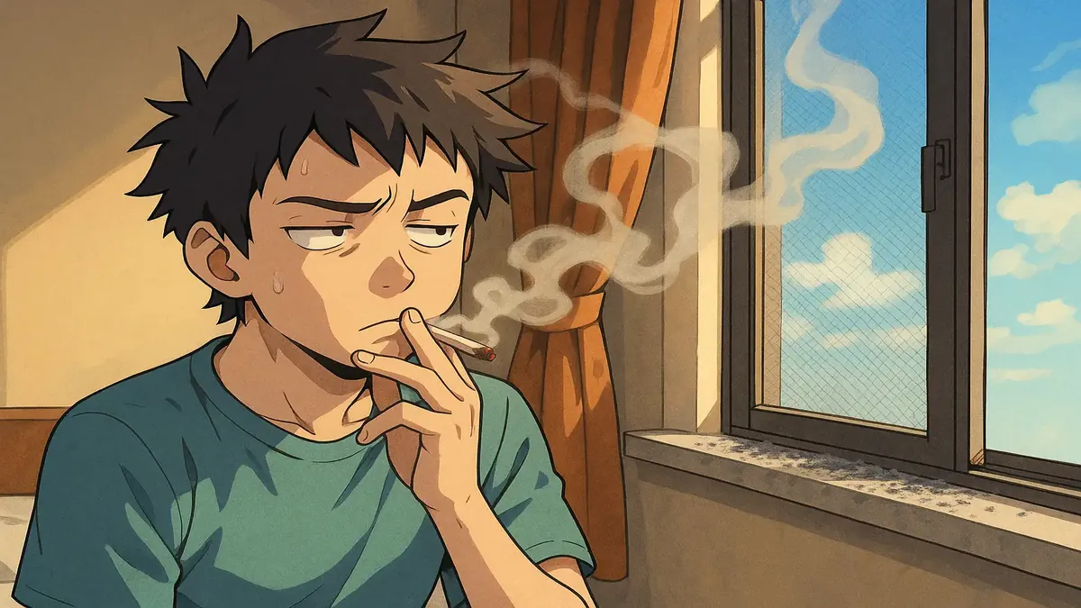 Anime illustration of a room with ash on the windowsill, depicting signs of smoking inside.