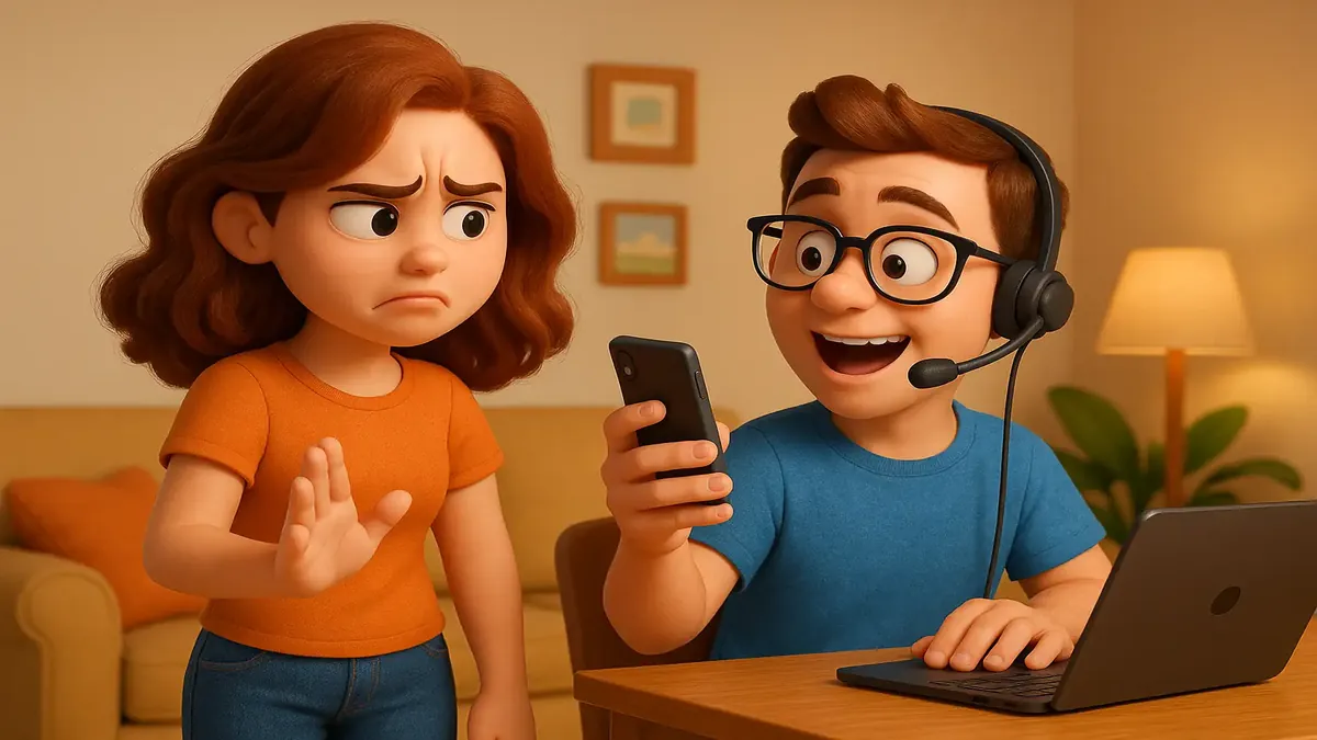 Cartoon-3D image of a frustrated person holding a phone with customer service icons around them.