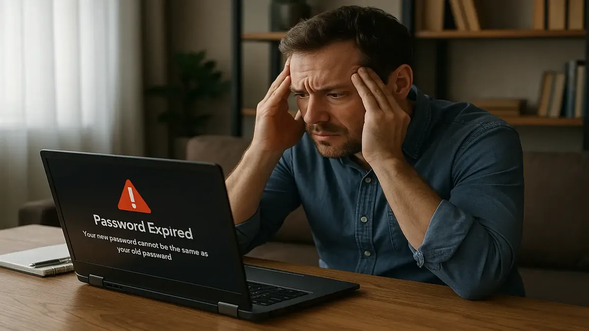 Frustrated user staring at a computer screen with password reset notification for SynXis software.