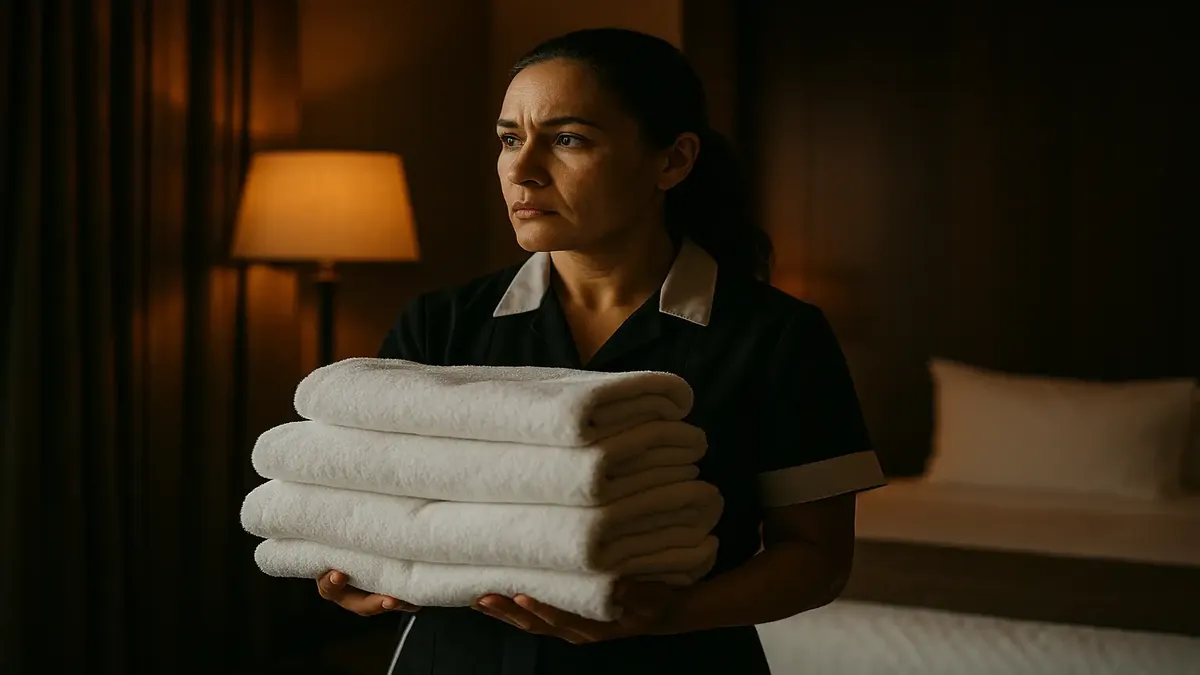 Cinematic view of fresh towels stacked in a hotel, highlighting towel turnover rate challenges for weekend stays.