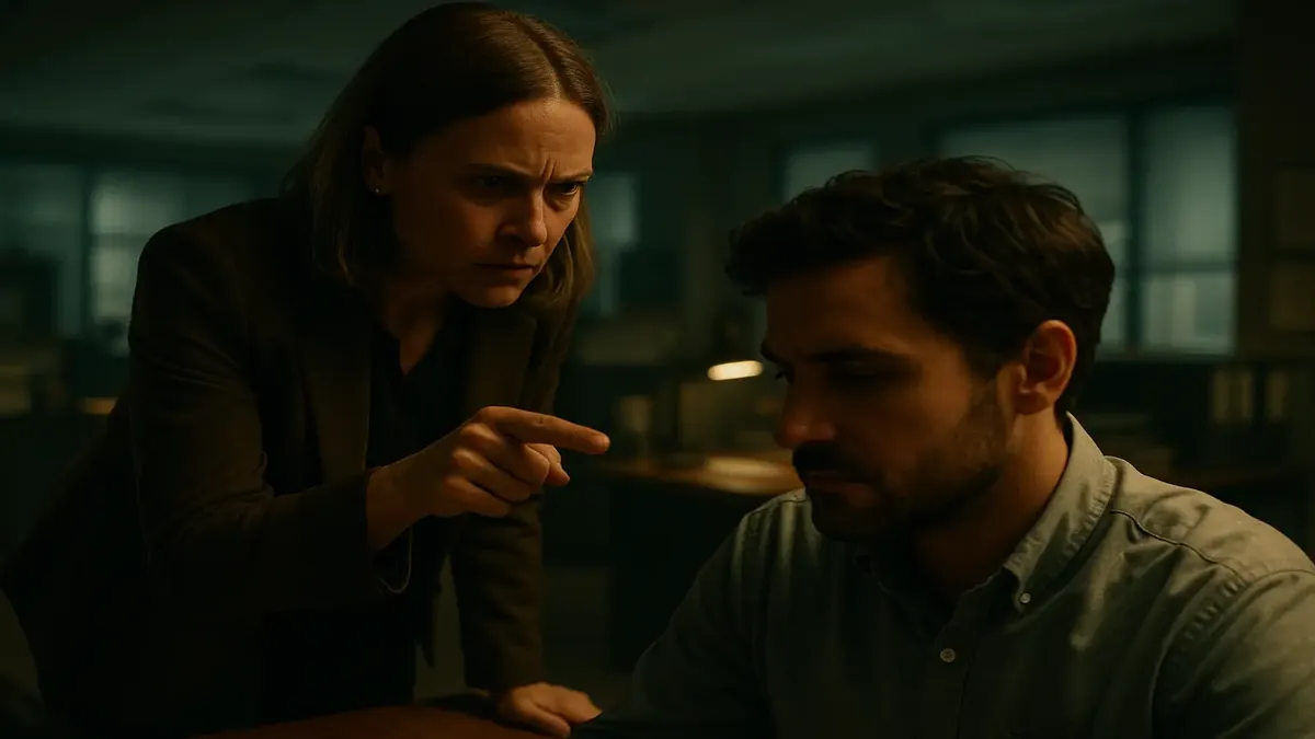 Cinematic image depicting a frustrated employee dealing with a micromanager in a social work environment.