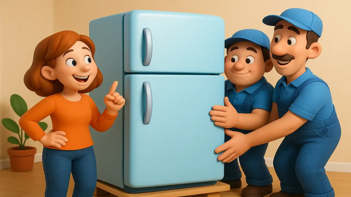 Cartoon 3D illustration of a new refrigerator delivery with an old fridge being removed.
