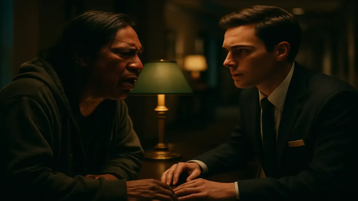 A hotel front desk with a concerned employee assisting a guest, capturing a tense moment in a cinematic style.