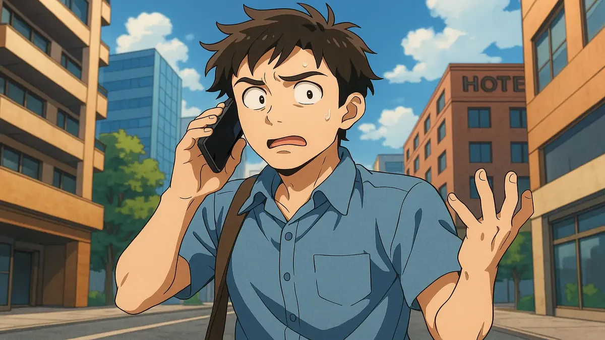 Anime-style illustration of a hotel receptionist answering a quirky phone call from a confused guest.