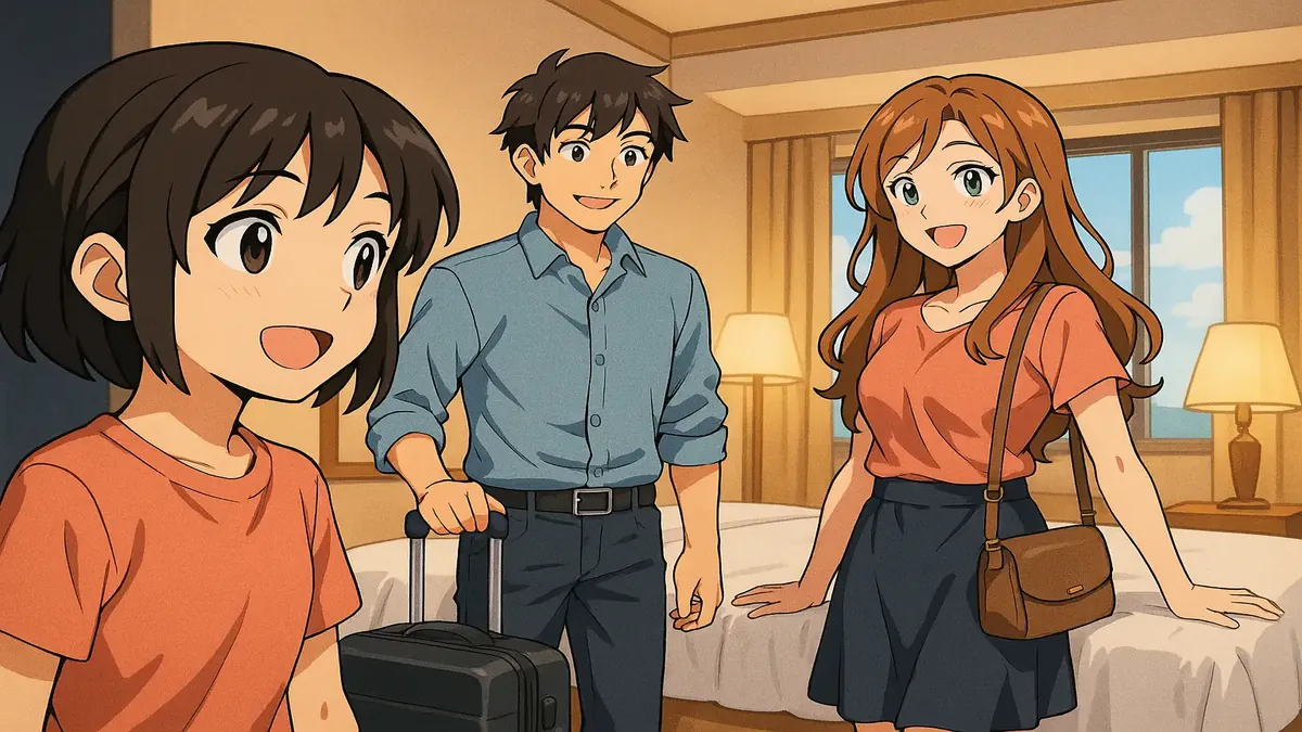 Anime-style illustration of a family enjoying a hotel stay near an airport, capturing a memorable weekend getaway.