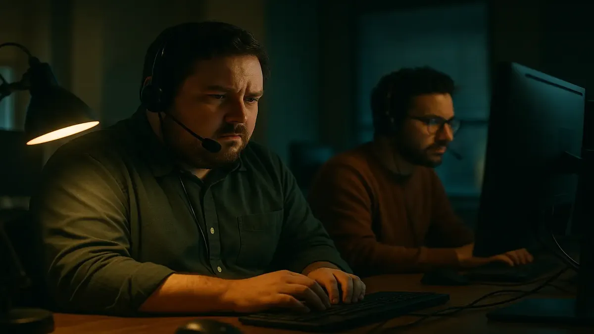 IT professional providing software support, highlighting collaboration with other tech experts in a cinematic setting.