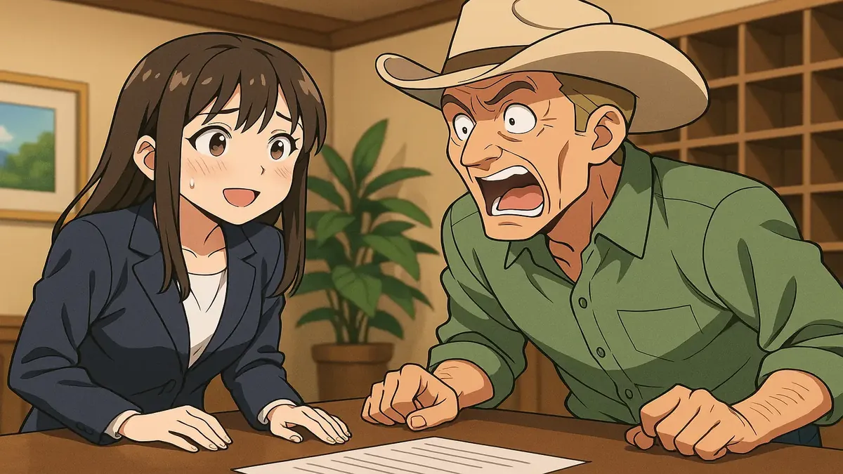 Anime-style illustration of a friendly southern man inquiring about room rates at a hotel reception.