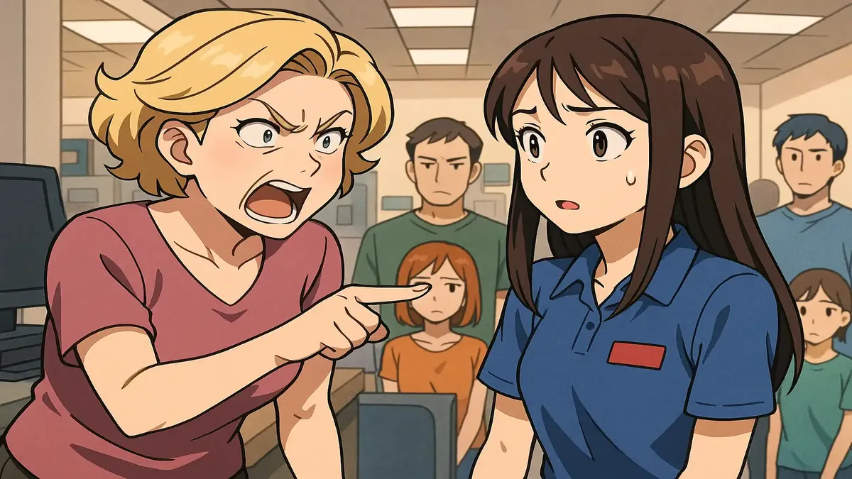 Anime illustration of a stressed worker juggling a busy shift with customers and phone calls.