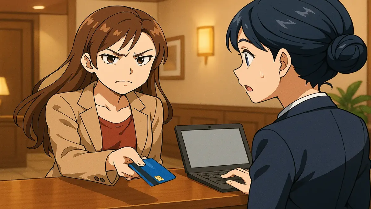 Anime-style illustration of a front desk check-in with a frustrated guest and a staff member handling a credit card.