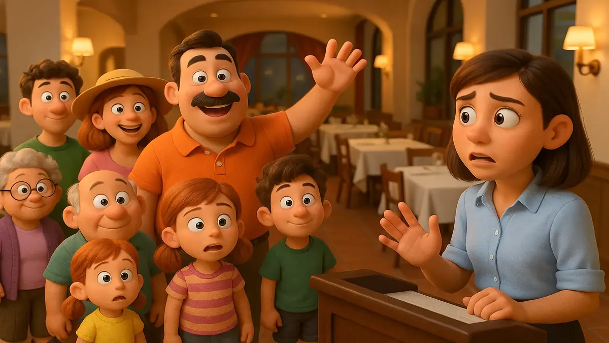 Cartoon-3D illustration of a family of eight demanding a table at a busy restaurant, showcasing frustration and humor.