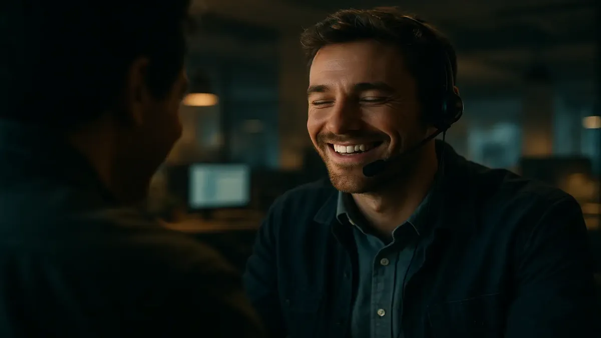 A cinematic moment capturing a joyful interaction at a service desk, highlighting user connections and positive experiences.