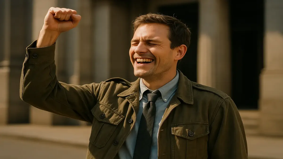 A joyful farewell scene featuring a person leaving a front desk, symbolizing new beginnings and personal growth.