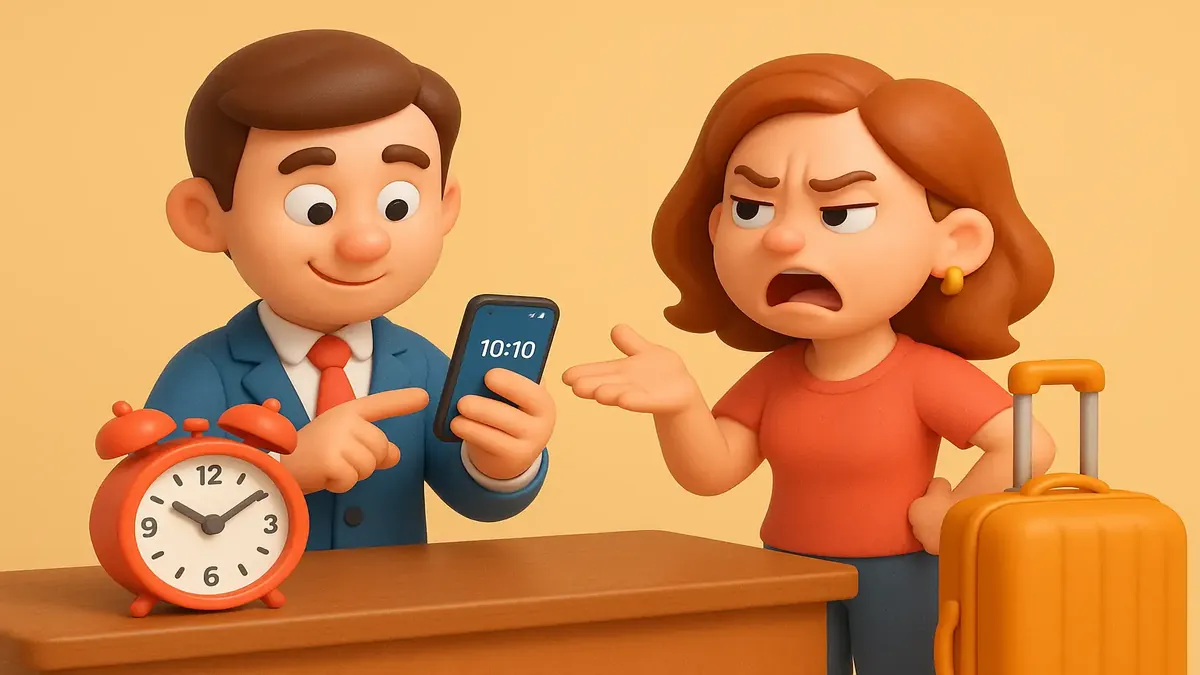 Cartoon-3D illustration showing a person checking the time on a phone while another arrives early and looks frustrated.