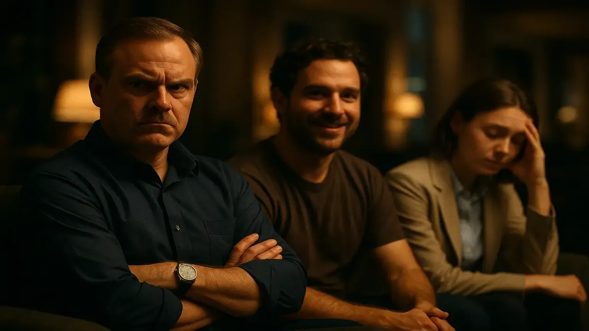 A cinematic scene depicting diverse guest personalities at a hotel reception, highlighting unique interactions.