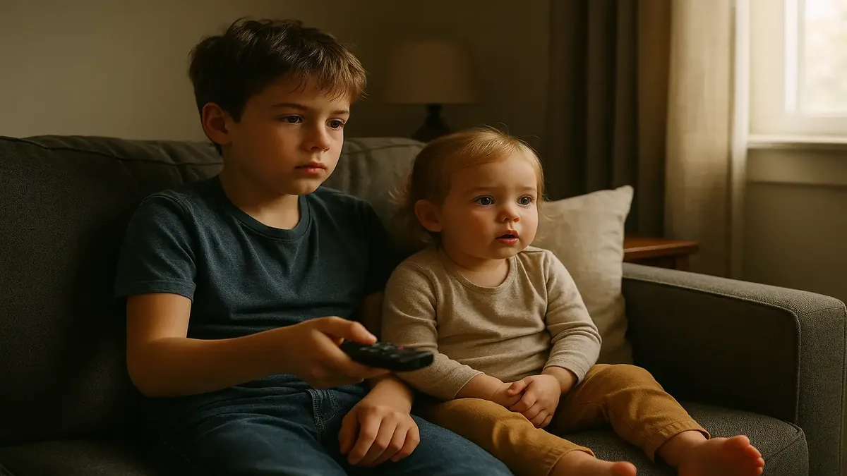 Sibling watching TV together, navigating preferences between cartoons and sing-along shows.