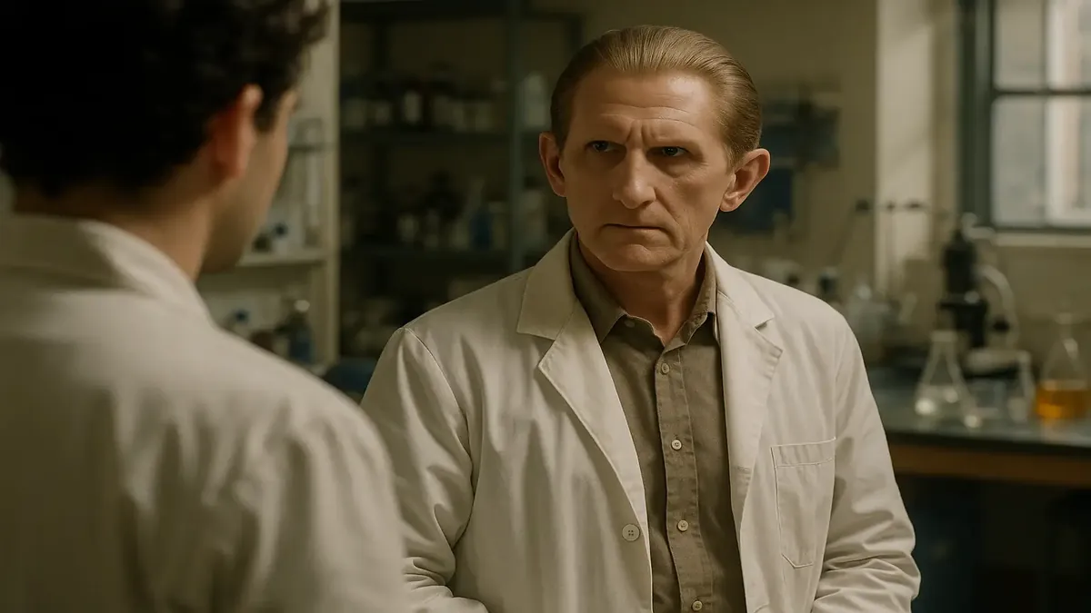 Intern in lab facing a challenging group leader, inspired by Odo from DS9, amidst scientific equipment.