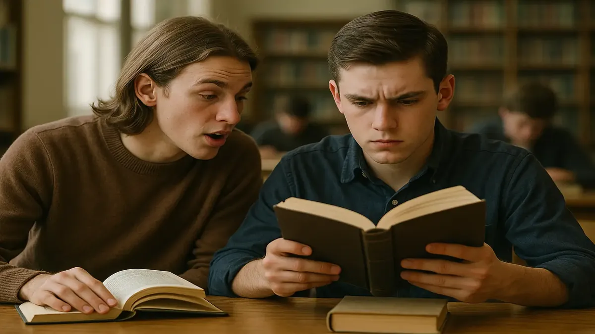 High school student reading a book, surrounded by classic novels and a vintage dial-up computer setup.