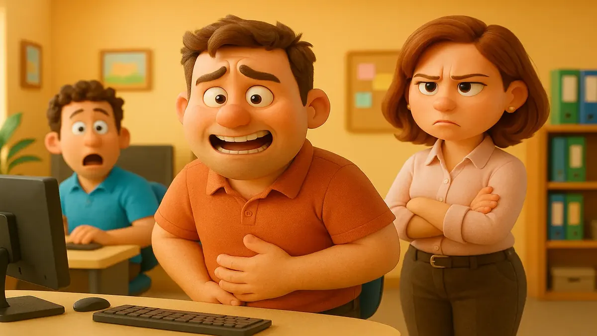 Cartoon-3D illustration of a call center employee humorously announcing a bathroom break to colleagues.