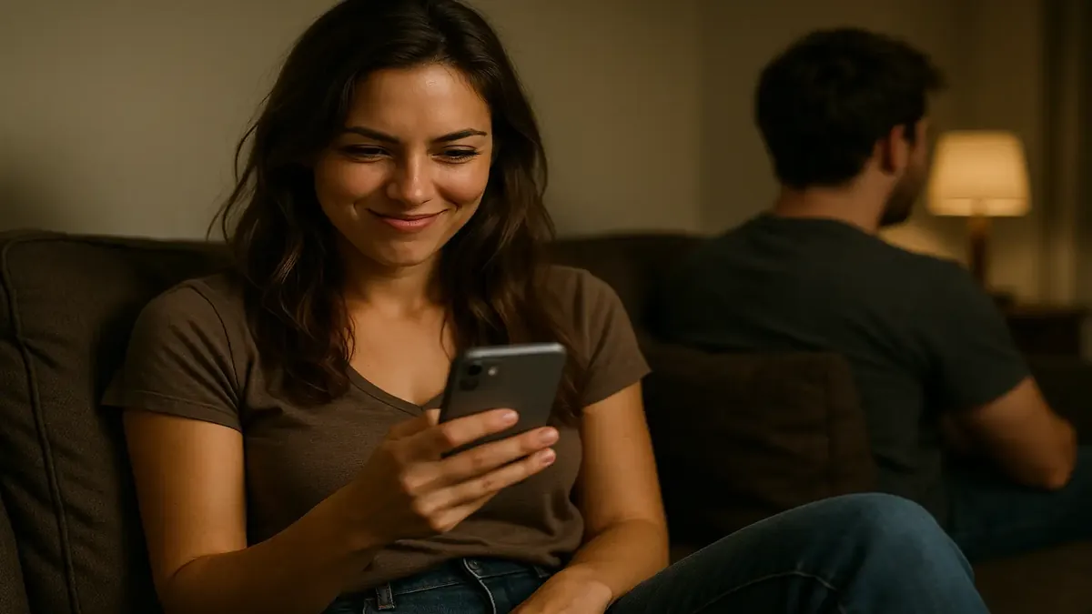 Woman smirking playfully, hinting at revenge on a previous boyfriend and his friends, photorealistic style.