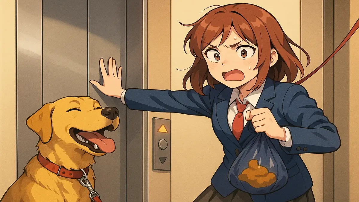 Anime-style illustration of a high-rise condo with a dog waiting for an elevator, highlighting urban pet challenges.