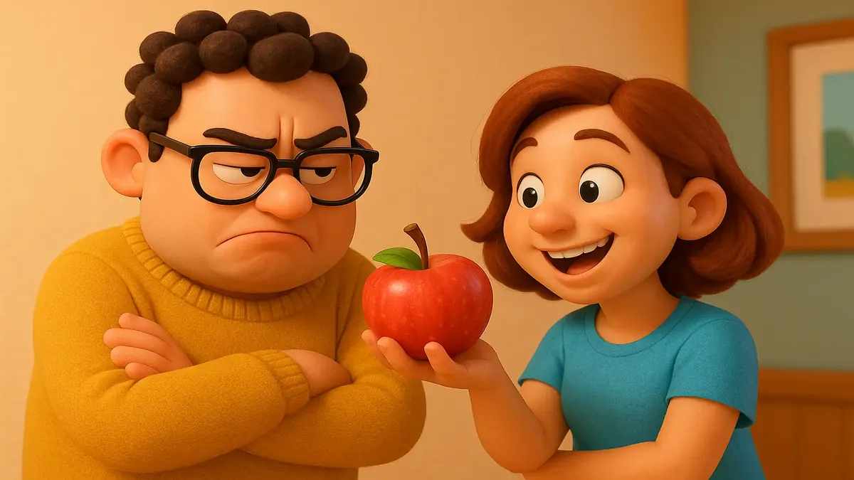 Cartoon-3D depiction of a person confronting intellectual arrogance with an apple in hand.
