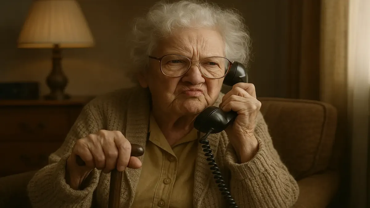 Elderly person on phone, playfully engaging with Medicare scammers, showcasing determination and humor.