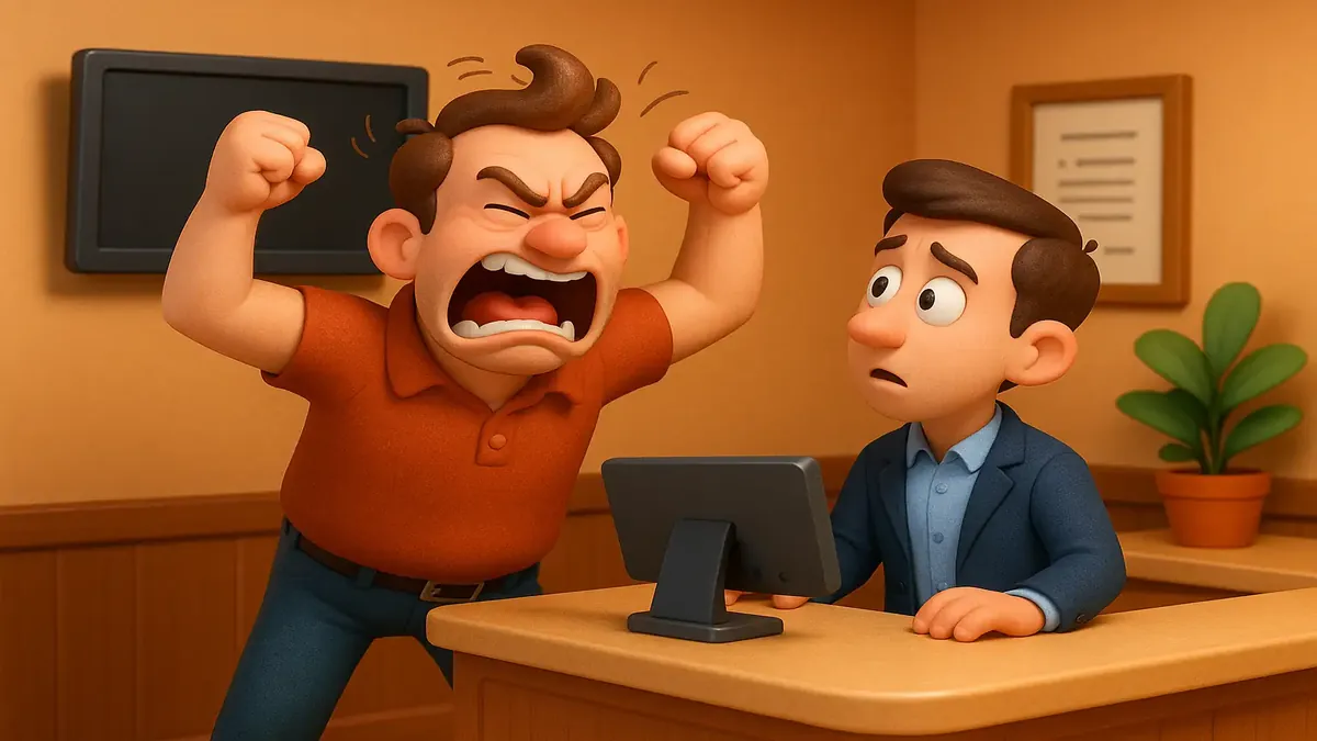 Cartoon of a grown man throwing a tantrum over missing ESPN on a TV at a front desk.