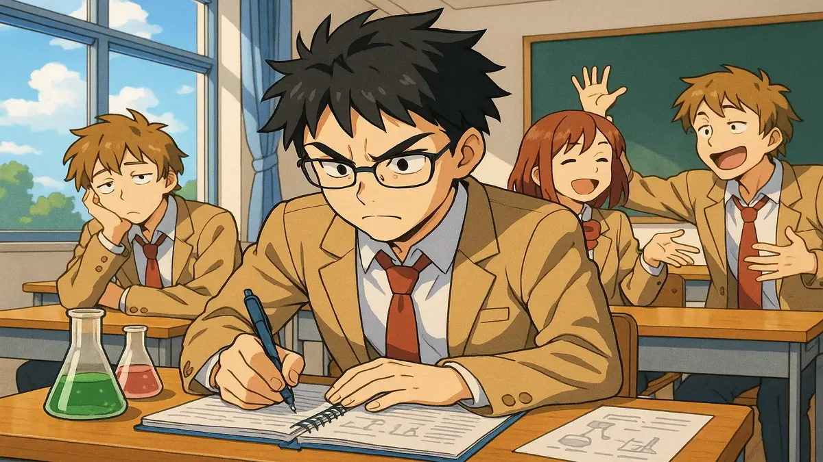 Anime illustration of a student frustrated with group project challenges, symbolizing teamwork struggles.