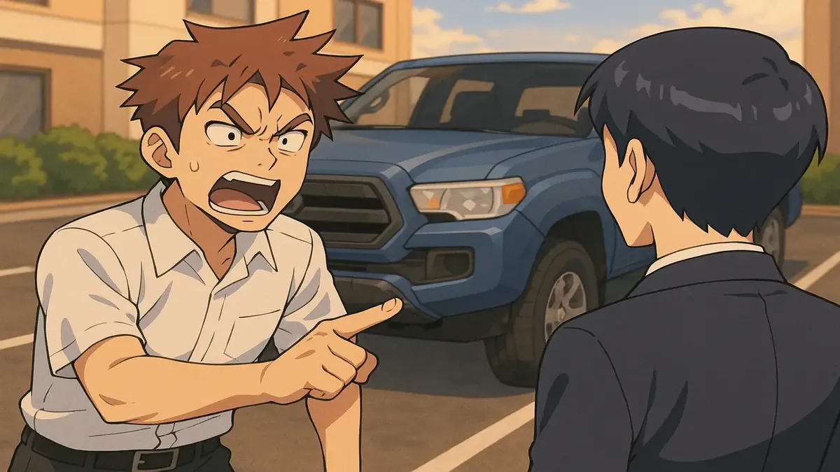 Guest frustrated in anime style, struggling to park a large truck in a hotel lot, capturing a tense moment.