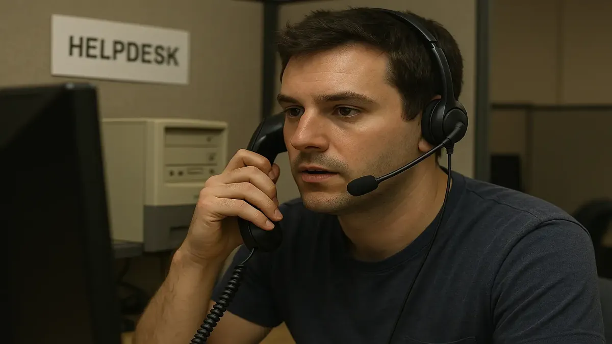 IT helpdesk scene with a professional taking calls, emphasizing tech support for IT issues.