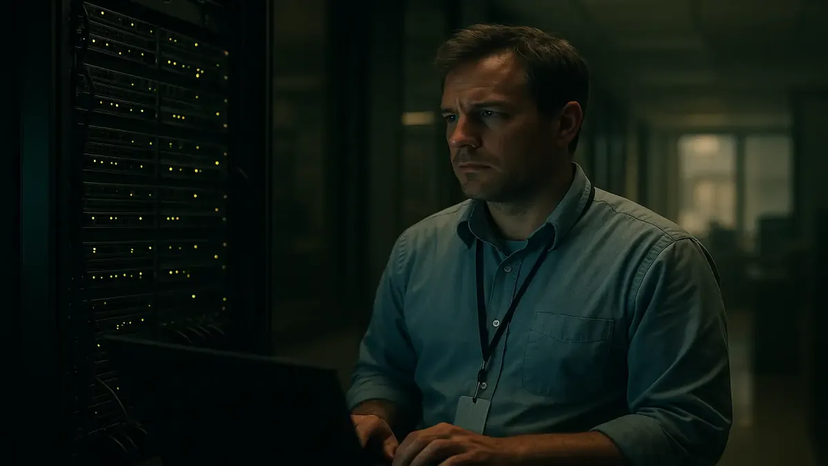 Server room in a corporate office, highlighting downtime during business hours in a logistics company.
