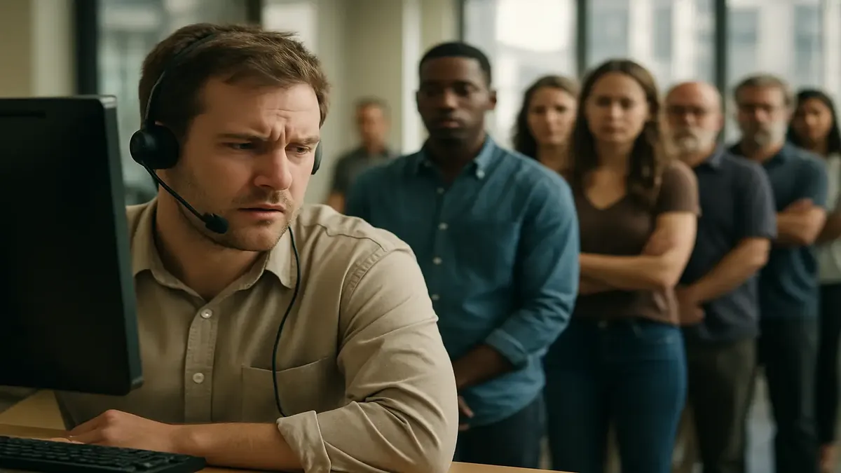 Call center employee assisting a customer, showcasing the challenges of technical support in a busy environment.