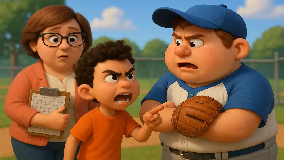 Cartoon-3D illustration of a young person excitedly tracking scores at a little league game, inspired by their momma.