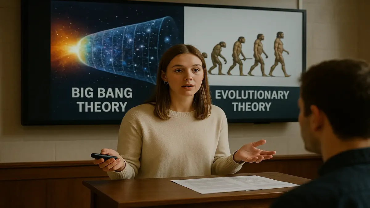 Student presenting about the Big Bang theory and evolution in a classroom setting with PowerPoint slides.