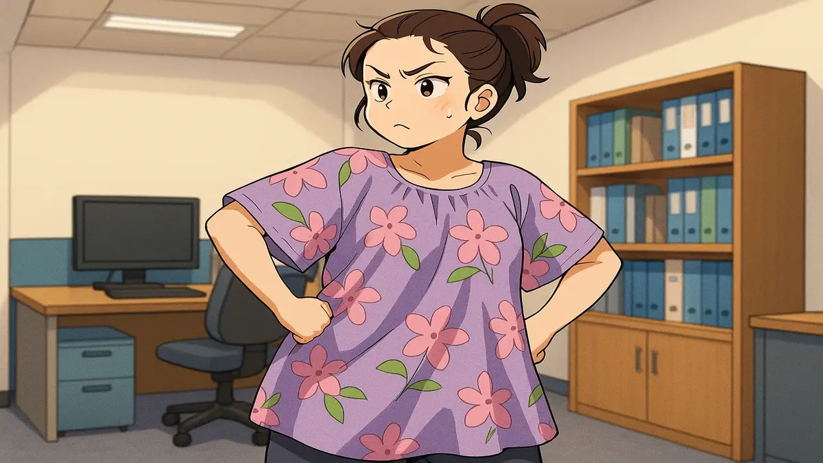 Anime illustration of a playful modest dress code featuring sweatpants and a mu'umu'u in a fun work environment.