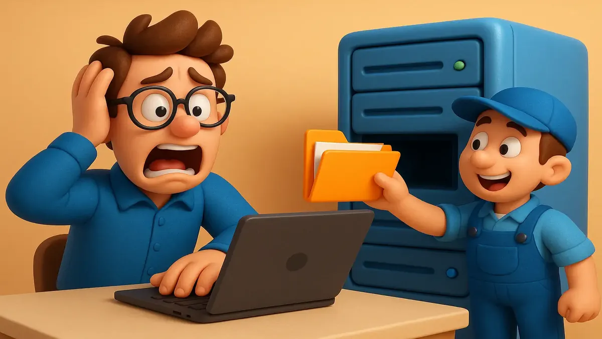 Cartoon 3D illustration of a frustrated user restoring important files on a computer.